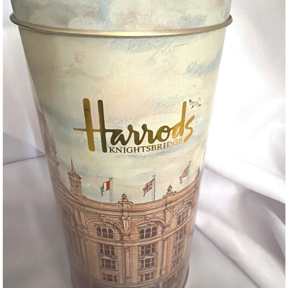 Harrods Knightsbridge Biscuit Tin Collectible London Storefront Gold 200g Metal